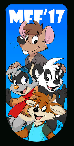 anthro antlers blue_clothing blue_eyes blue_shirt blue_t-shirt blue_topwear brown_antlers brown_body brown_fur cheek_tuft closed_smile clothing eyewear eyewear_on_head facial_tuft featureless_crotch fur glistening glistening_eyes goggles goggles_on_head green_eyes grey_body grey_fur group head_tuft horn logo male mouth_closed nude open_mouth open_smile red_clothing red_scarf red_topwear scarf shirt simple_background smile t-shirt tan_body tan_fur teeth topwear tuft white_body white_fur young young_anthro young_male pandapaco parinton mammal mouse murid murine rodent artist_logo signature