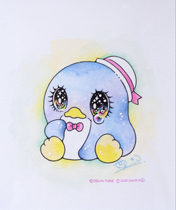ambiguous_gender beak blue_body eyelashes feral glistening glistening_eyes simple_background solo sparkles yellow_beak yurie_sekiya sanrio tuxedo_sam avian bird penguin hi_res