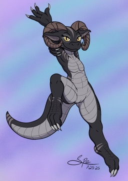 2_horns 3_toes 4_fingers abstract_background anthro arm_markings big_tail black_body black_scales brown_horn claws countershade_legs countershade_neck countershade_scales countershade_tail countershade_torso countershading curved_horn digitigrade ear_piercing ear_ring eyelashes featureless_chest feet female finger_claws fingers flat_chested genitals grey_body grey_claws grey_outer_labia grey_scales grey_vulva head_markings horn humanoid_hands innie_vulva leg_markings long_tail looking_at_viewer markings multicolored_body multicolored_scales nude one_leg_up piercing pointy_ears prick_ears raised_leg ring_piercing scales side_markings smile smiling_at_viewer snout solo stretching striped_body striped_markings striped_scales stripes tail tail_markings tapering_tail thick_tail thick_thighs toe_claws toes two_tone_body two_tone_scales ventral_scales vulva wide_hips yellow_eyes spe kazarra_the_kobold kobold scalie 2025 absurd_res cel_shading dated digital_drawing_(artwork) digital_media_(artwork) hi_res procreate_(artwork) shaded signature