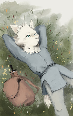 anthro backpack clothing fur grass_field lying male on_back scabbard shirt solo topwear tunic white_body white_fur kallax canid canine mammal absurd_res hi_res