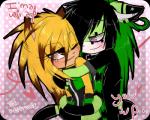 alternative_fashion blush crossgender duo fluffy fur green_body green_fur grey_eyes heart_symbol hug long_tail male scene_(fashion) scene_haircut simple_background tail wrap y2k_(graphic_design) yellow_body yellow_eyes yellow_fur farfromserious keitronic sega sonic_the_hedgehog_(series) fan_character keiko_matsuhani yushi_the_cat domestic_cat eulipotyphlan felid feline felis hedgehog mammal 5:4