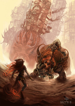 female feral group hair long_hair mount red_hair saddle scared size_difference tail alectorfencer myre digital_media_(artwork) hi_res monochrome red_theme