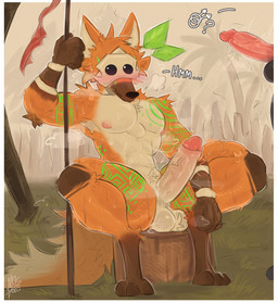 anthro anthro_focus armpit_hair ball_tuft balls big_penis blush bodily_fluids body_hair disembodied_penis duo erection fur gender_symbol genitals holding_melee_weapon holding_object holding_polearm holding_spear holding_weapon humanoid_genitalia humanoid_penis long_penis male male/male male_symbol mask melee_weapon muscular muscular_anthro muscular_male musk nipples orange_body orange_fur penis polearm pubes saggy_balls sitting_on_stump solo_focus spear spread_legs spreading sweat sweaty_balls sweaty_genitalia sweaty_penis symbol throbbing throbbing_penis tree_stump tuft weapon nick7005 canid canine mammal maned_wolf hi_res
