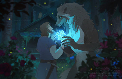 anthro blue_eyes breasts cabin clothed clothed_male clothing detailed_background duo featureless_breasts female flower forest fur grey_body grey_fur larger_anthro larger_female male male/female melee_weapon multicolored_body multicolored_fur muscular muscular_anthro muscular_female nude nude_anthro nude_female plant size_difference standing sword tree weapon white_body white_fur natalie_de_corsair mythology eleniel canid canine human mammal mythological_canine mythological_creature werecanid werecanine werecreature werewolf