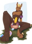 absurd_res anthro balls basket blonde_hair bow_ribbon brown_balls brown_body ch0c0hare container easter easter_basket easter_egg feet genitals hair hare hi_res holidays lagomorph leporid looking_at_viewer male mammal penis sitting solo unknown_artist yellow_eyes yellow_penis