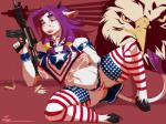 anthro ar-15 ar_platform areola banana_magazine beak big_breasts bodily_fluids breasts clothing female fur gold_(metal) gun hair holding_object holding_ranged_weapon holding_weapon hooves horn lactating looking_at_viewer milk nipple_outline open_mouth panties patriotism piercing pink_areola politics purple_body purple_fur purple_hair ranged_weapon red_background rifle simple_background solo stoner_rifle stripes tail tail_tuft tongue tuft underwear united_states_of_america weapon wet white_body white_fur leokingdom dallas_(leokingdom) accipitrid accipitriform avian bald_eagle bird bovid bovine cattle eagle mammal sea_eagle