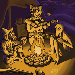 anthro candy clothed clothing dessert electronics food gas_mask guitar gun hoodie male marshmallow mask musical_instrument night plucked_string_instrument radio ranged_weapon sitting standing string_instrument text topwear weapon panzermask nintendo pokemon s.t.a.l.k.e.r. bloodsucker canid canine fox humanoid mammal 1:1 english_text hi_res
