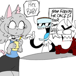 angry anthro arm_tuft blue_clothing blue_tongue blue_topwear bottomwear choker clothing container cross-popping_vein dialogue ear_piercing eyelashes eyewear female fist flirting fur furniture grey_body grey_fur grey_hair group hair jar jewelry male necklace notebook pencil_skirt piercing profanity red_clothing red_topwear sharp_teeth shirt skirt sunglasses table tail teeth text text_on_clothing text_on_shirt text_on_topwear tongue topwear trio tuft white_clothing white_topwear itz_not_v elisa_(maddeku) jarhead_(itz_not_v) animate_inanimate fancy_rat mammal murid murine rat rodent 1:1 hi_res