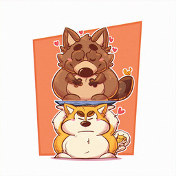 anthro belly blush brown_body carrying_another chibi duo eyes_closed heart_symbol male overweight simple_background 06junior11 canid canine canis domestic_dog mammal raccoon_dog tanuki 1:1 2025 hi_res
