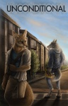 anthro barefoot blue_bottomwear blue_clothing blue_jacket blue_pants blue_shirt blue_topwear bottomwear brown_body building canid canine canis clothed clothing cloud comic cover cover_art cover_page day detailed_background duo ear_piercing english_text feet fennec_fox fox fully_clothed fur grass grey_body grey_fur grey_tail holding_object house jacket male mammal marcus_(rukis) messenger_bag open_clothing open_jacket open_topwear outside pants piercing plant reis rukis shirt tail tan_body tan_fur tan_tail text topwear tree true_fox unconditional_(comic) white_clothing white_jacket white_topwear wolf
