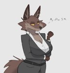 anthro belt big_breasts black_nose breasts brown_body brown_fur cleavage clothed clothing countershading dialogue dress_shirt ear_piercing female fluffy fluffy_tail fur grey_background inner_ear_fluff looking_at_viewer office_clothing office_lady orange_sclera piercing shirt simple_background solo tail talking_to_viewer text topwear tuft schmutzo amber_(schmutzo) canid canine fox mammal 2024 digital_media_(artwork) english_text hi_res