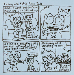 4_panel_comic after_kiss anthro arm_around_partner biped clothing dialogue embarrassed female furniture group humor male print_clothing print_shirt print_t-shirt print_topwear shirt sitting smile sofa speech_bubble standing t-shirt text title topwear voyeur window yelling nikki_morgen parappa_the_rapper sony_corporation sony_interactive_entertainment um_jammer_lammy joe_chin katy_kat lammy_lamb parappa pj_berri bear bovid canid canine canis caprine domestic_cat domestic_dog felid feline felis mammal sheep comic english_text