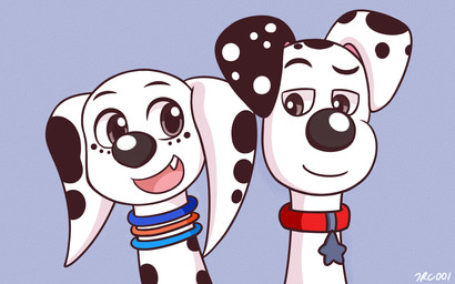 black_ears black_nose black_spots blue_jewelry blue_necklace collar duo fangs female feral floppy_ears freckled_face freckles fur grey_eyes half-closed_eyes heterochromatic_ears jewelry male narrowed_eyes necklace orange_jewelry orange_necklace red_collar spots star_symbol teeth toony white_body white_fur white_spots trc001 101_dalmatian_street 101_dalmatians disney dolly_(101_dalmatians) dylan_(101_dalmatians) canid canine canis dalmatian domestic_dog mammal 16:10 2019 hi_res widescreen