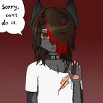 anthro broken_horn brown_eyes brown_hair clothing collar fur grey_body grey_fur hair horn looking_at_viewer male open_mouth red_hair red_horn simple_background solo speech_bubble text crybitur suwyzid canid canine canis felid hybrid mammal wolf 1:1