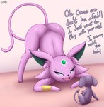 ambiguous_gender ass_up duo female feral forked_tail jewelry simple_background tail text unusual_anatomy unusual_tail an-tonio nintendo pokemon silvia_(an-tonio) eeveelution espeon generation_1_pokemon generation_2_pokemon pokemon_(species) rattata absurd_res digital_media_(artwork) english_text hi_res