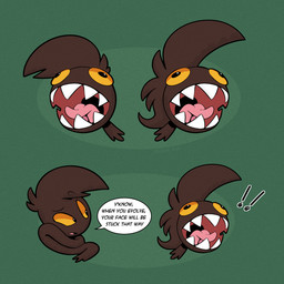 abstract_background brown_body brown_fur dialogue duo exclamation_point fur green_background living_tail male orange_sclera sharp_teeth simple_background speech_bubble tail tail_head teeth unusual_anatomy unusual_tail trevor-fox nintendo pokemon trevor-fox_(character) generation_2_pokemon girafarig pokemon_(species) 1:1 comic hi_res nonbinary_(lore)