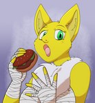 anthro big_nose breasts burger chest_tuft chest_wraps female food fur green_eyes hand_wraps looking_at_viewer open_mouth solo surprised_expression tuft wraps yellow_body yellow_fur sudsypup krystal_can't_enjoy_her_sandwich nintendo pokemon tango_(koboldspace) generation_1_pokemon hypno_(pokemon) pokemon_(species) 2021 digital_drawing_(artwork) digital_media_(artwork) hi_res meme