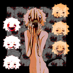 abstract_background ambiguous_gender ambiguous_humanoid black_border black_tail blood blood_from_mouth blood_in_mouth blood_on_arm blood_on_face bodily_fluids border gore hair head_only horror_(theme) humanoid_hands looking_up monotone_body nude_ambiguous nude_humanoid pixelated scratching self-harm smile solo tail tan_hair tears teeth wound_on_face wounded yellow_teeth jejejunum humanoid tailed_humanoid 2026 english_description half-length_portrait hi_res portrait