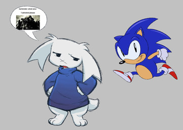 3_toes ambiguous_gender anthro armor barefoot belly black_eyes black_nose blue_body blue_clothing blue_quills blue_sweater blue_topwear bottomless breasts closed_smile clothed clothing conjoined_eyes digitigrade duo eyebrows facial_scar feet female floppy_ears footwear frown fur furrowed_eyebrows gloves grey_background half-closed_eyes hands_on_hips handwear looking_aside looking_at_viewer machine male mouth_closed narrowed_eyes open_frown open_mouth power_armor quill_hair red_clothing red_footwear red_shoes running scar scut_tail shoes short_tail simple_background small_breasts smile smiling_at_viewer speech_bubble sweater sweater_only tail tan_belly tan_inner_ear text toes topwear topwear_only white_body white_clothing white_fur white_gloves white_handwear x_scar oofmasterxd cave_story classic_sonic_(universe) fallout microsoft sega sonic_the_hedgehog_(series) classic_sonic sonic_the_hedgehog sue_sakamoto eulipotyphlan hedgehog lagomorph mammal mimiga 2025 english_description english_text hi_res meme widescreen male_(lore)