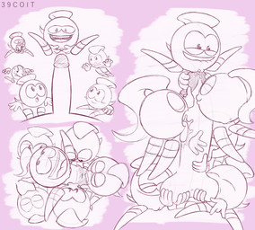 ambiguous_gender anus bedroom_eyes bite biting_lip bodily_fluids female genital_fluids genitals group group_sex looking_pleasured male male/female masturbation narrowed_eyes seductive sex simple_background size_difference smile vaginal_fluids vulva 39coit rayman_(series) ubisoft anon electoon_(rayman) humanoid waddling_head comic hi_res monochrome sketch