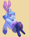 anthro anthrofied breasts bunny_costume clothing costume drawing ears_tied_back fake_ears fake_rabbit_ears female hair legwear looking_at_viewer pokemorph ponytail sitting smile solo stockings yellow_hairband frostynoten nintendo pokemon fan_character flurry_(character) canid eeveelution generation_4_pokemon glaceon mammal pokemon_(species) absurd_res hi_res