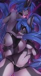 2020 4_ears anthro anthro_on_anthro bedroom_eyes blue_hair bra breasts butt canid canine clothed clothing collar conditional_dnp digital_media_(artwork) digo_marrallang dreamkeepers duo female female/female fluff-kevlar fur grey_body grey_fur hair half-closed_eyes hi_res incest_(lore) indi_marrallang indigo_marrallang long_hair looking_at_viewer looking_back male male/female mammal multi_ear narrowed_eyes navel outer_labia panties purple_body purple_eyes seductive sibling_(lore) simple_background sister_(lore) sisters_(lore) tail text topless twins_(lore) underwear white_body white_fur