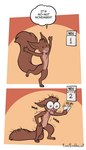 2_panel_comic anthro before_and_after bodily_fluids brown_arms brown_body brown_fur brown_legs brown_tail dialogue dot_eyes ears_back fur humor male open_mouth open_smile orange_background pivoted_ears simple_background smile solo speech_bubble standing sweat sweatdrop tail text wide_eyed yelling freckles_(artist) no_nut_november mammal rodent sciurid tree_squirrel 2023 comic english_text meme url