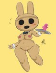animal_crossing anthro blush breasts censored coco_(animal_crossing) collar cottontail female genitals gyroid hi_res lagomorph leporid mammal mostly_nude nintendo pussy rabbit simple_background solo tray