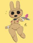 anthro blush breasts collar female genitals mostly_nude pussy simple_background solo tray cottontail animal_crossing nintendo coco_(animal_crossing) gyroid lagomorph leporid mammal rabbit censored hi_res