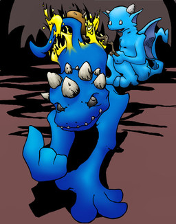 ambiguous_gender beady_eyes black_eyes blue_body blue_skin duo fire hell horn tail wings argon_vile demon humanoid 2006