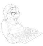 alternate_costume anthro apron big_breasts breasts candy chocolate chocolate_chip_cookie chocolate_chips cleavage clothed clothing cookie cookie_tray dessert eyelashes eyes_closed eyewear female food freckled_chest freckled_face freckles glasses handwear open_mouth open_smile oven_mitts smile snout solo lazy-a-ile cavemanon_studios i_wani_hug_that_gator olivia_halford baryonyx dinosaur prehistoric_species reptile scalie spinosaurid theropod 2024 monochrome sketch