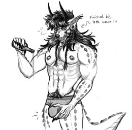 abs alcohol anthro barazoku beer beverage bodily_fluids braided_hair bulge bulge_grab drooling drunk fluffy hair horn long_hair male muscular pubes ridges saliva scales solo substance_intoxication wanchi canid canine hybrid mammal scalie absurd_res hi_res monochrome sketch