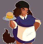 anthro apron black_nose cheese clothing dairy_products female food grey_background hat headgear headwear looking_at_viewer macaroni macaroni_and_cheese overweight pasta platter sandwich_(food) sesame_seed_bun simple_background solo waiter tyso_art beware_the_shadowcatcher zed_technician_games sam_(bts) canid canine canis domestic_dog mammal hi_res