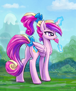 accessory bow_(feature) bow_accessory bow_ribbon butt candy cloud cutie_mark dessert feathered_wings feathers female feral food furgonomics hair hair_accessory hair_bow hair_ribbon horn licking lollipop magic multicolored_hair outside pink_body pink_feathers ponytail purple_eyes quadruped ribbons sky solo standing tail tail_accessory tail_bow tail_ribbon tongue tongue_out wings karol_pawlinski friendship_is_magic hasbro my_little_pony mythology princess_cadance_(mlp) equid equine mammal mythological_creature mythological_equine winged_unicorn 5:6 hi_res