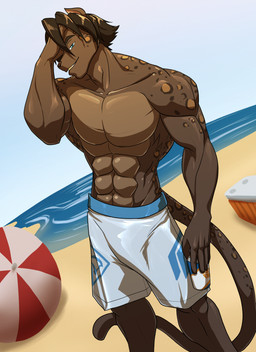 5_fingers abs anthro ball beach beach_ball blue_eyes brown_body brown_fur brown_hair can clothed clothing container fingers fur hair holding_can holding_container holding_object inflatable looking_at_viewer male markings muscular muscular_anthro muscular_male seaside solo spots spotted_body spotted_fur swimming_trunks swimwear topless topless_anthro topless_male water toughset marcus_rammoson felid leopard mammal pantherine 2023 hi_res