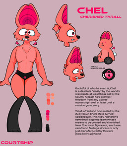 anthro big_ears clothed clothing description fangs fur hair male orange_body orange_fur partially_clothed pink_eyes plushie ponytail red_eyes solo speedo swimwear teeth text underwear underwear_only wings tostilynx chel_(tostilynx) bat flying_fox mammal megabat english_text hi_res model_sheet