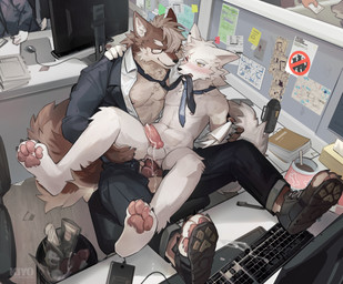 anal anal_penetration animal_genitalia animal_penis anthro anthro_on_anthro anthro_penetrated anthro_penetrating anthro_penetrating_anthro balls blush breaking_the_rules brown_body brown_fur canine_genitalia canine_penis claws computer_keyboard computer_monitor computer_mouse countershade_face countershade_fur countershading duo_focus eyewear fur genitals glasses group kemono knot male male/male male_penetrated male_penetrating male_penetrating_male necktie nude office pawpads paws penetration penile penile_penetration penis penis_in_ass public public_exposure public_nudity public_sex sex smile tail unprofessional_behavior wearing_glasses white_body white_fur dr.kiyo canid canine canis mammal wolf hi_res