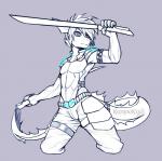 5_fingers accessory anthro armband armor blonde_hair fin fingers furgonomics futuristic hair male melee_weapon sword tail tail_accessory tailband weapon kanookies mythology ladon_(character) aquatic_dragon dragon marine mythological_creature mythological_scalie scalie hi_res