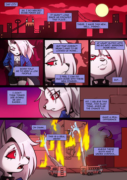 building_fire city clothing female fire fire_engine hell hose jacket moon red_eyes speech_bubble text topwear truck vehicle water kato777 hellaverse helluva_boss marvel mythology loona_(helluva_boss) she-venom venom_(marvel) canid canid_demon canine demon hellhound mammal mythological_canine mythological_creature symbiote absurd_res comic crossover english_text hi_res
