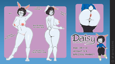 3_toes anthro anus areola barefoot big_breasts big_butt black_hair bottomwear breasts butt chibi clothed clothing feet female genitals hair looking_at_viewer navel nipples no_pupils nude pants partially_clothed plantigrade presenting presenting_vulva rear_view simple_background solo standing text thick_thighs toes vulva whiskers white_body wide_hips yoga_pants yiezzas daisy_(mivies) lagomorph leporid mammal rabbit 16:9 2022 absurd_res english_text hi_res model_sheet widescreen