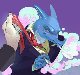 accessory anthro blue_body blush cigarette clothed clothing clothing_pull horn looking_at_viewer male narrowed_eyes necktie necktie_pull smoke solo suit grech4 dungeon_flippers european_mythology mythology cleaveland_(dungeon_flippers) dragon human mammal mythological_creature mythological_scalie scalie western_dragon hi_res