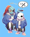 5_fingers blue_body blue_clothing blue_jacket blue_skin blue_topwear blush bone clothing crouching duo eye_patch eyewear female fingers footwear hair jacket male ponytail red_hair shirt shoes skeleton slippers topwear white_clothing white_shirt white_topwear pugthe2ro undertale undertale_(series) sans_(undertale) undyne animal_humanoid fish fish_humanoid humanoid marine marine_humanoid hi_res