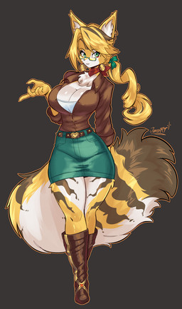 anthro belt big_breasts blonde_hair boots bottomwear breasts brown_highlights cleavage clothed clothing ear_piercing ear_ring eyebrows eyelashes eyewear female footwear fur glasses glistening glistening_breasts green_eyes hair highlights_(coloring) inner_ear_fluff kerchief miniskirt neck_tuft neckerchief neckwear piercing ponytail ring_piercing secretary shoes skirt solo stripes tuft white_body white_fur wide_hips yellow_body yellow_fur jamoart mihoyo zenless_zone_zero pulchra_fellini felid feline felis mammal sand_cat thiren 2026 absurd_res hi_res