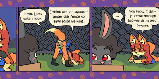 accident accidental_exposure annoyed anthro barefoot black_body black_eyebrows black_fur black_hair black_nose blush blush_lines bodily_fluids box cardboard cardboard_armor cardboard_box clothed clothing container costume creative_censorship dialogue dipstick_tail duo eyebrows eyelashes feet female fence fox_tail fur grey_body grey_fur hair halloween_costume halo handwear holidays jack-o'-lantern long_hair looking_at_another looking_at_butt looking_away male markings multicolored_body multicolored_fur no_underwear orange_body orange_eyes orange_fur orange_tail pink_nose pouting rabbit_ears raised_tail red_eyebrows red_eyes red_hair smile speech_bubble sweat sweatdrop tail tail_markings talking_to_another tan_body tan_clothing tan_fur tan_gloves tan_handwear tan_tail_tip text two_tone_body two_tone_fur wide_eyed young young_anthro young_female young_male bisonvega halloween bunny_boy_(bisonvega) fox_girl_(bisonvega) angel canid canine fox lagomorph leporid mammal rabbit 2025 censored comic english_text hi_res