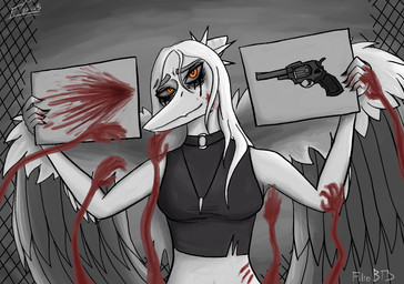 amber_eyes anthro black_clothing black_crop_top black_shirt black_topwear blood blood_on_hand blood_splatter bodily_fluids breasts claws clothed clothed_anthro clothed_female clothing crop_top elbow_feathers feathered_wings feathers female fence finger_claws fingers front_view gun hair handgun holding_object holding_paper humanoid_hands jewelry long_hair looking_at_viewer medium_breasts moody necklace non-mammal_breasts outside paper ranged_weapon revolver shirt smile solo suicide text topwear weapon wings filiobtd cavemanon_studios goodbye_volcano_high ko_op_(game_developer) snoot_game fang_(gvh) prehistoric_species pterosaur reptile scalie artist_name colored grey_theme half-length_portrait hi_res portrait shaded