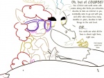 blush bodily_fluids cutie_mark dialogue duo erection eyewear female feral genitals glasses male nervous penis scared sweat text young young_feral the_weaver friendship_is_magic hasbro my_little_pony discord_(mlp) twist_(mlp) chimera draconequus earth_pony equid equine horse mammal pony english_text