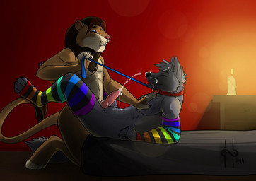 anal_orgasm animal_genitalia animal_penis anthro anthro_on_anthro anthro_penetrated anthro_penetrating anthro_penetrating_anthro armwear athletic athletic_anthro athletic_male bed between_legs blue_eyes bodily_fluids brown_body brown_fur brown_hair brown_mane candle canine_genitalia canine_penis clothed clothing collar crossdressing cum cum_on_face cum_on_own_face cum_on_self cum_string cumshot duo ejaculation erection eyes_closed fur furniture genital_fluids genitals grey_body grey_fur grey_hair hair hand_on_chest hands-free inside leash leash_pull legwear lying male male/male male_anthro male_penetrated male_penetrating male_penetrating_male mane nude on_back on_bed orgasm pattern_armwear pattern_clothing pattern_legwear penetration penis pink_penis red_collar sex short_hair side_view striped_armwear striped_clothing striped_legwear stripes tan_body tan_fur hufnaar canid canine canis felid lion mammal pantherine wolf 2014 dated