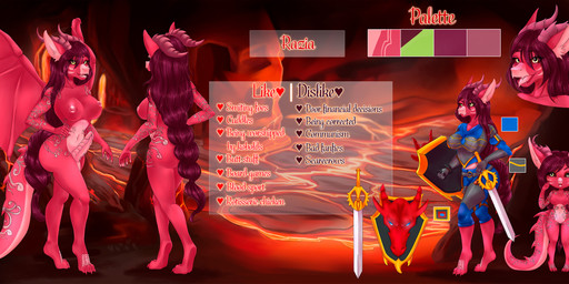 accessory anthro armor balls big_breasts blush breasts butt cave claws clothed clothing costume detailed_background erection female fire fur furniture genitals gynomorph hair hair_accessory horn intersex jewelry lava markings melee_weapon nipples nude open_mouth penis robe sex shield smile solo sword tail text tongue vaginal weapon wings narikusha mythology razia_(narej) dragon mammal mythological_creature mythological_scalie scalie absurd_res digital_media_(artwork) english_text hi_res model_sheet