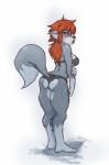 anthro big_breasts big_butt blush breasts butt clothing embarrassed female hair lips red_hair simple_background solo swimwear thick_thighs yellow_eyes ungulatr julia_(ungulatr) canid canine canis mammal wolf hi_res