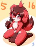 annoyed anthro biped blush chest_tuft fangs female hair long_hair looking_at_viewer nude open_mouth pawpads red_eyes simple_background sitting solo teeth tuft omoi canid canine fox mammal 2018